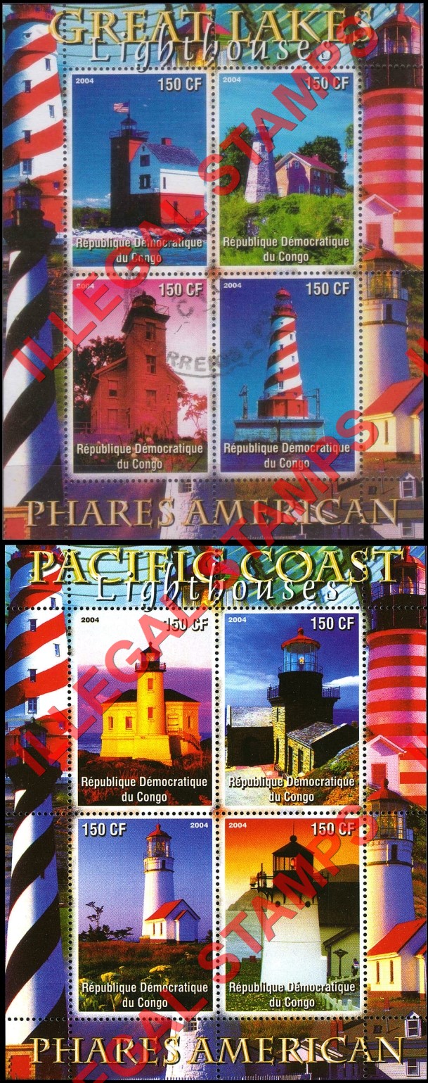 Congo Democratic Republic 2004 Lighthouses American Illegal Stamp Souvenir Sheets of 4 (Part 1) Congo Democratic Republic 2004 Lighthouses American Illegal Stamp Souvenir Sheets of 4 (Part 1)