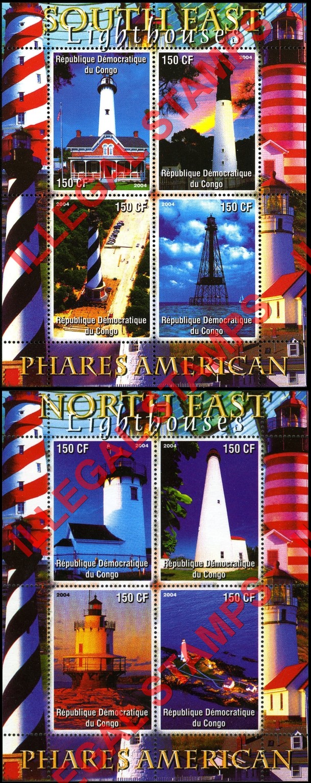 Congo Democratic Republic 2004 Lighthouses American Illegal Stamp Souvenir Sheets of 4 (Part 2) Congo Democratic Republic 2004 Lighthouses American Illegal Stamp Souvenir Sheets of 4 (Part 2)