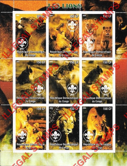 Congo Democratic Republic 2004 Lions Illegal Stamp Sheet of 9 Congo Democratic Republic 2004 Lions Illegal Stamp Sheet of 9