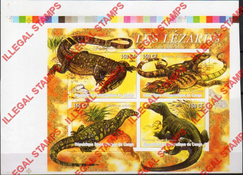 Congo Democratic Republic 2004 Lizards Illegal Stamp Souvenir Sheet of 4 Congo Democratic Republic 2004 Lizards Illegal Stamp Souvenir Sheet of 4