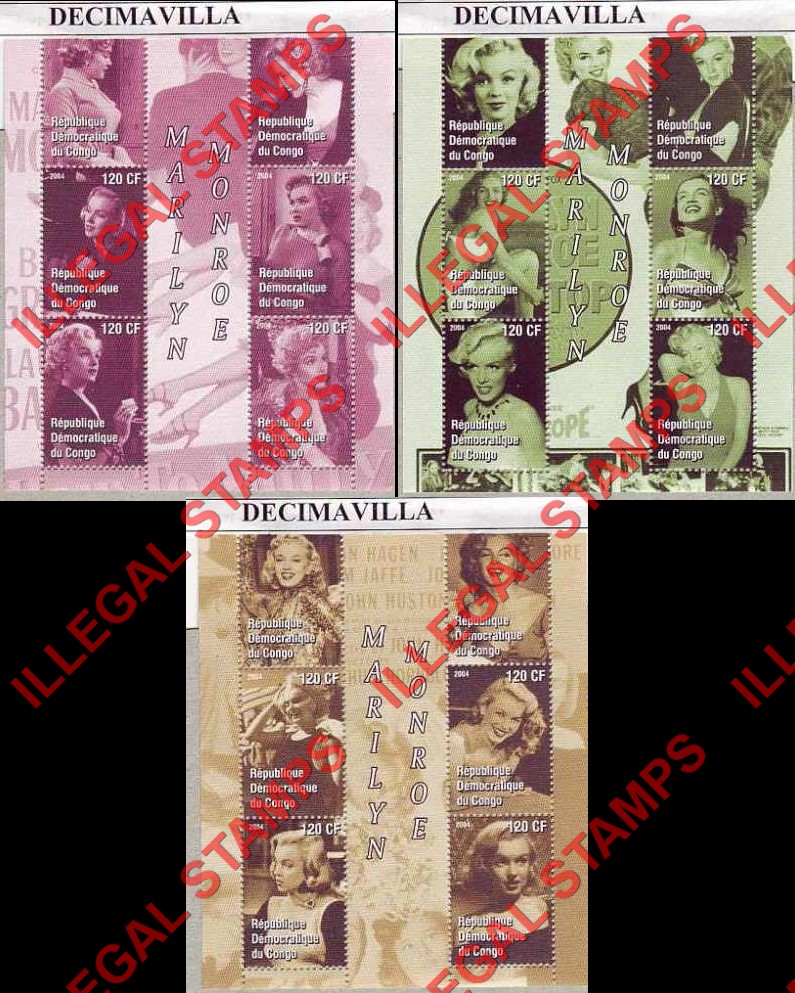 Congo Democratic Republic 2004 Marilyn Monroe Illegal Stamp Souvenir Sheets of 6 Congo Democratic Republic 2004 Marilyn Monroe Illegal Stamp Souvenir Sheets of 6
