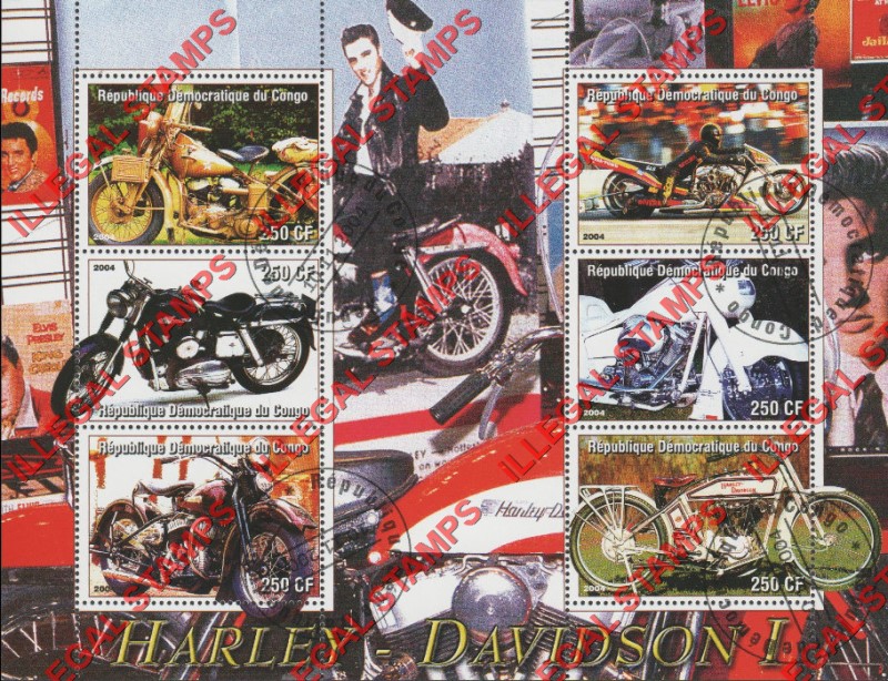 Congo Democratic Republic 2004 Motorcycles Harley Davidson and Elvis Illegal Stamp Souvenir Sheet of 6 Congo Democratic Republic 2004 Motorcycles Harley Davidson and Elvis Illegal Stamp Souvenir Sheet of 6