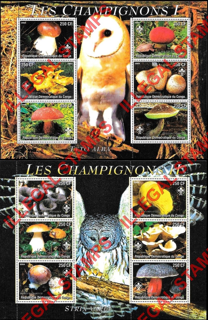 Congo Democratic Republic 2004 Mushrooms and Owls Illegal Stamp Souvenir Sheets of 6 Congo Democratic Republic 2004 Mushrooms and Owls Illegal Stamp Souvenir Sheets of 6