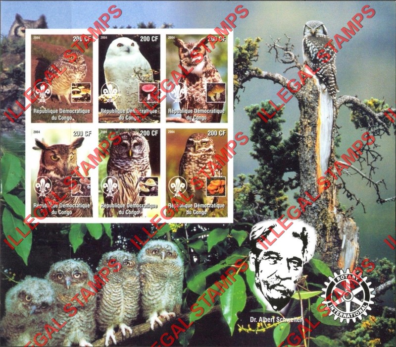 Congo Democratic Republic 2004 Owls Illegal Stamp Souvenir Sheet of 6 Congo Democratic Republic 2004 Owls Illegal Stamp Souvenir Sheet of 6