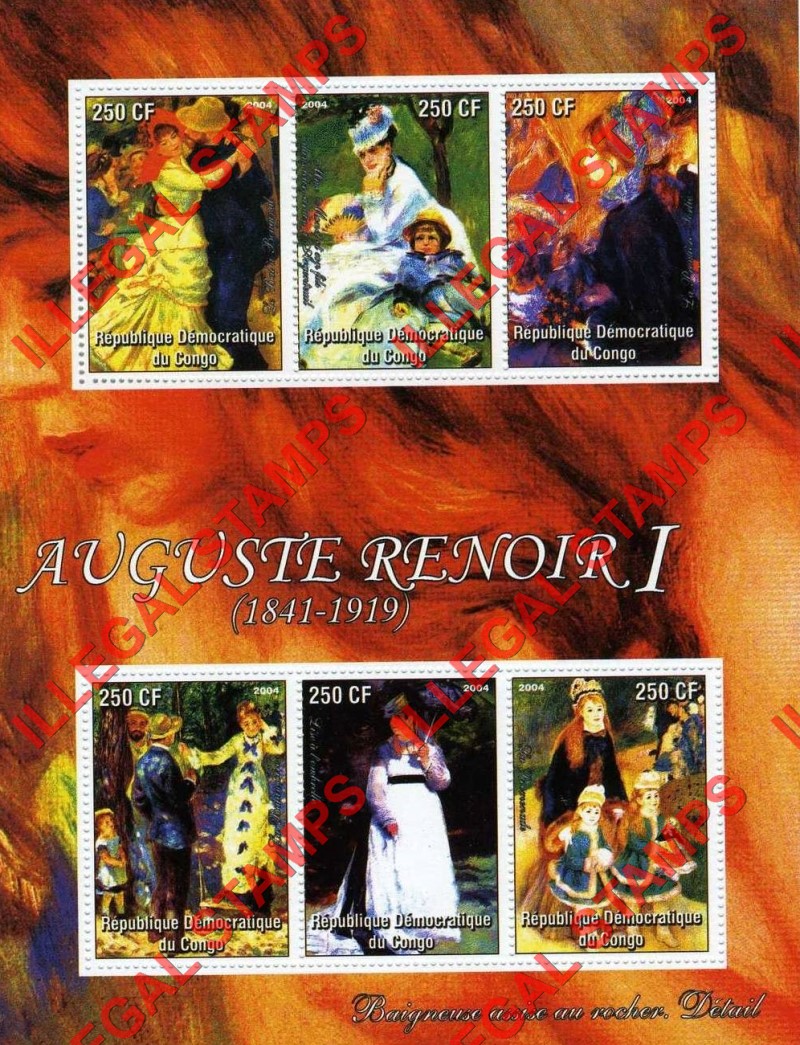 Congo Democratic Republic 2004 Paintings Auguste Renoir Illegal Stamp Souvenir Sheet of 6 Congo Democratic Republic 2004 Paintings Auguste Renoir Illegal Stamp Souvenir Sheet of 6