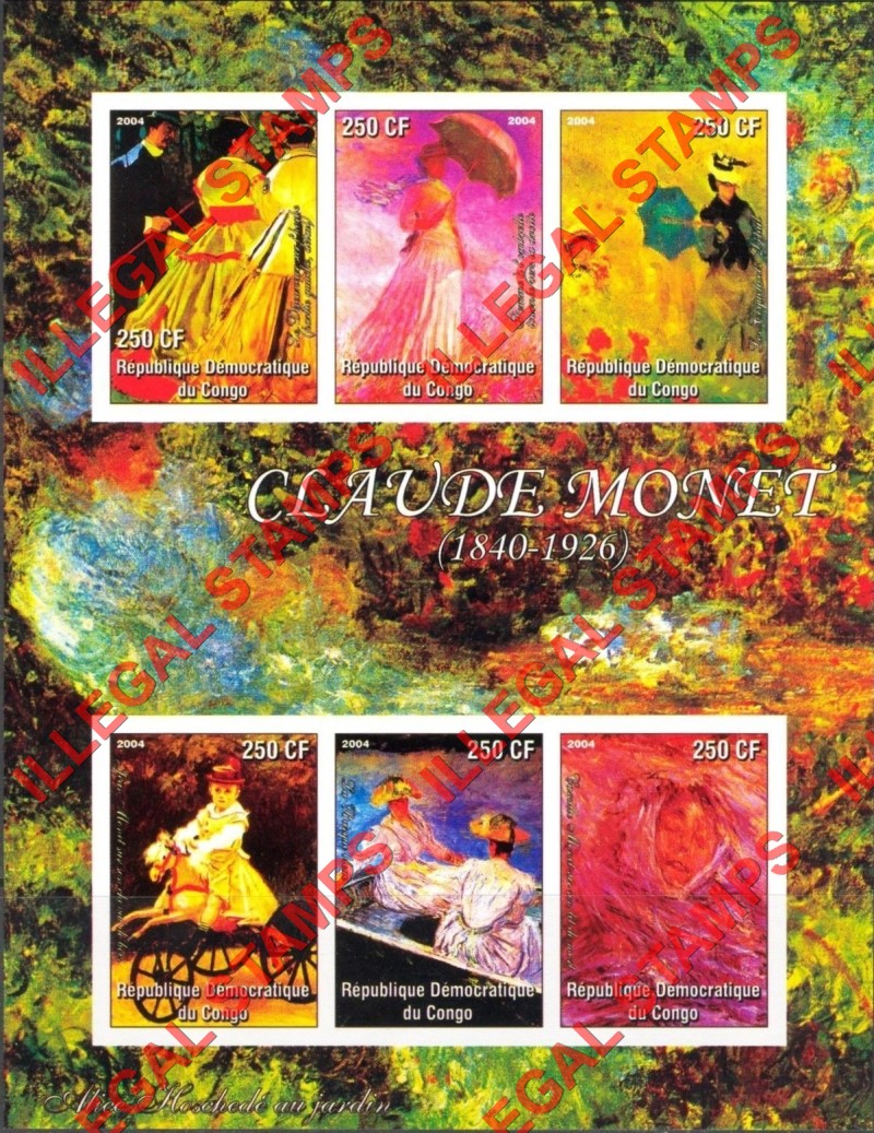 Congo Democratic Republic 2004 Paintings Claude Monet Illegal Stamp Souvenir Sheet of 6 Congo Democratic Republic 2004 Paintings Claude Monet Illegal Stamp Souvenir Sheet of 6