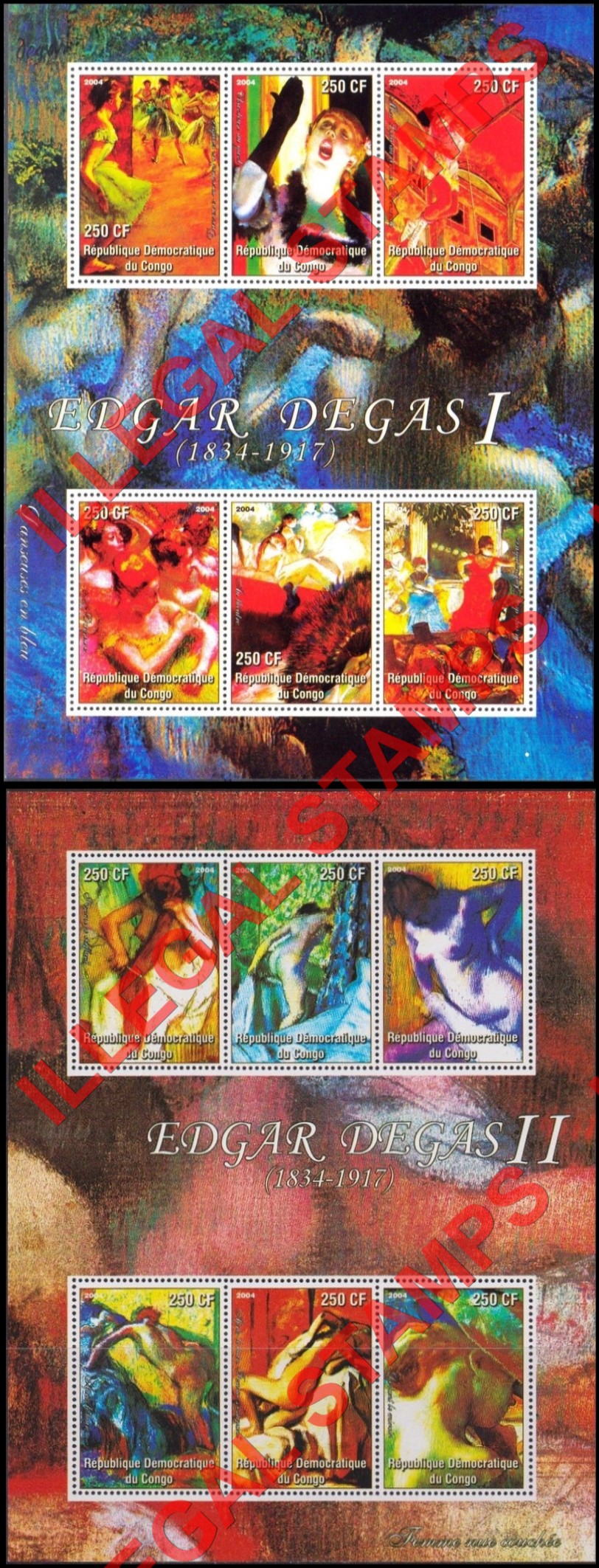 Congo Democratic Republic 2004 Paintings Edgar Degas Illegal Stamp Souvenir Sheets of 6 Congo Democratic Republic 2004 Paintings Edgar Degas Illegal Stamp Souvenir Sheets of 6
