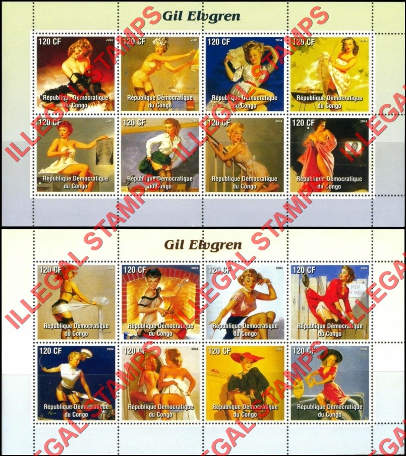Congo Democratic Republic 2004 Paintings Gil Elvgren Illegal Stamp Souvenir Sheets of 8 Congo Democratic Republic 2004 Paintings Gil Elvgren Illegal Stamp Souvenir Sheets of 8