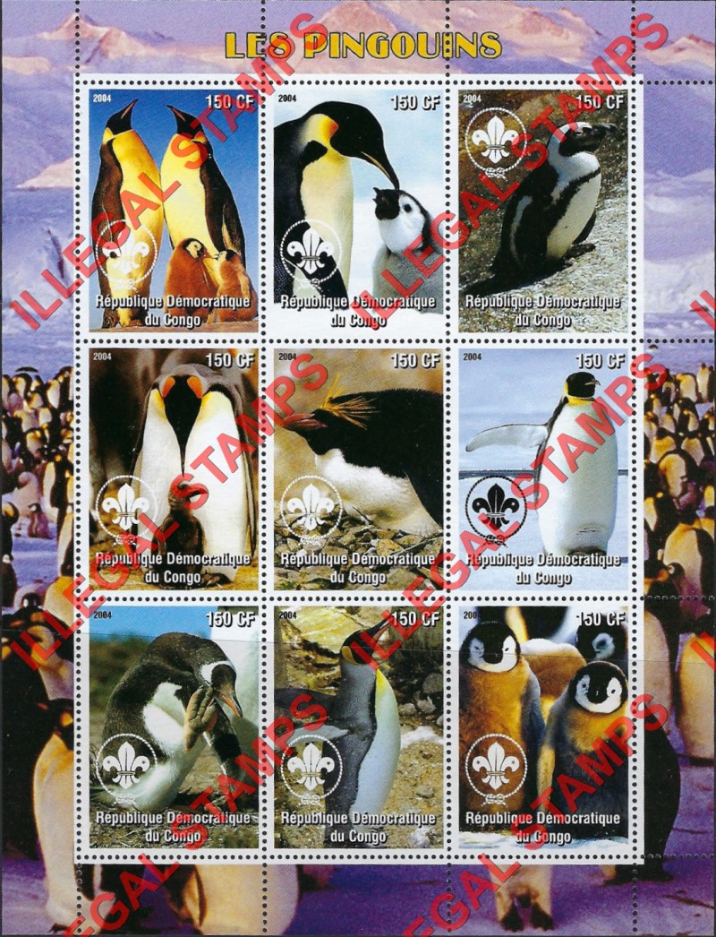 Congo Democratic Republic 2004 Penguins Illegal Stamp Sheet of 9 Congo Democratic Republic 2004 Penguins Illegal Stamp Sheet of 9