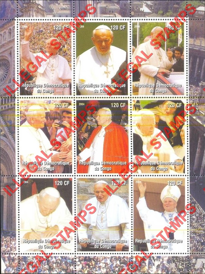 Congo Democratic Republic 2004 Pope John Paul II Illegal Stamp Sheet of 9 Congo Democratic Republic 2004 Pope John Paul II Illegal Stamp Sheet of 9