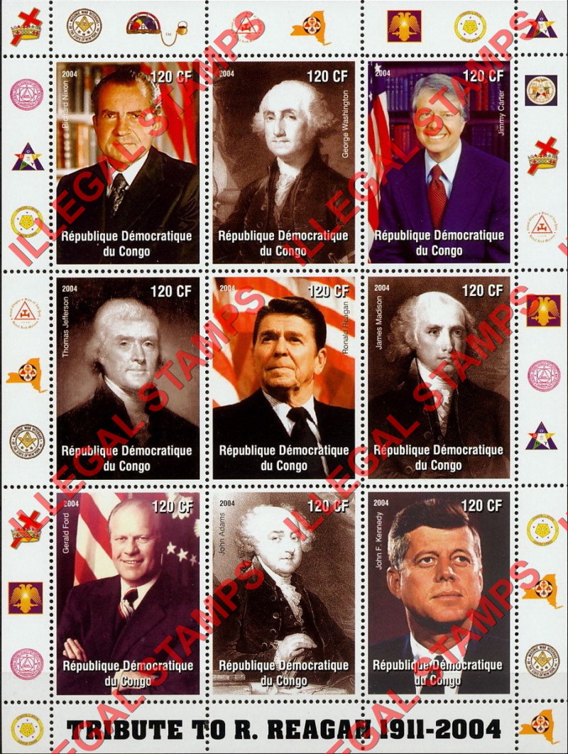 Congo Democratic Republic 2004 Presidents Ronald Reagan Illegal Stamp Sheet of 9 Congo Democratic Republic 2004 Presidents Ronald Reagan Illegal Stamp Sheet of 9