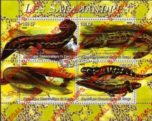 Congo Democratic Republic 2004 Salamanders Illegal Stamp Souvenir Sheet of 4 Congo Democratic Republic 2004 Salamanders Illegal Stamp Souvenir Sheet of 4