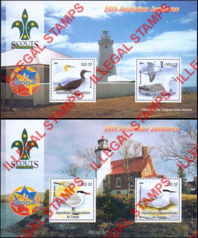 Congo Democratic Republic 2004 Scouts Australian Jamboree and Birds Illegal Stamp Souvenir Sheets of 2 Congo Democratic Republic 2004 Scouts Australian Jamboree and Birds Illegal Stamp Souvenir Sheets of 2