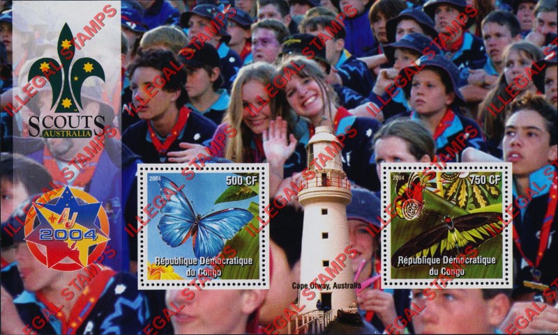 Congo Democratic Republic 2004 Scouts Australian Jamboree and Butterflies Illegal Stamp Souvenir Sheet of 2 Congo Democratic Republic 2004 Scouts Australian Jamboree and Butterflies Illegal Stamp Souvenir Sheet of 2