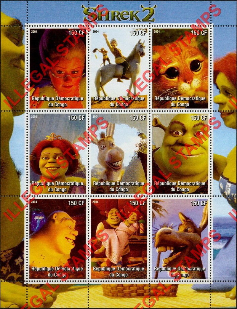 Congo Democratic Republic 2004 Shrek 2 Illegal Stamp Sheet of 9 Congo Democratic Republic 2004 Shrek 2 Illegal Stamp Sheet of 9