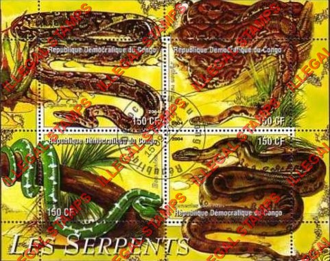 Congo Democratic Republic 2004 Snakes Serpents Illegal Stamp Souvenir Sheet of 4 Congo Democratic Republic 2004 Snakes Serpents Illegal Stamp Souvenir Sheet of 4