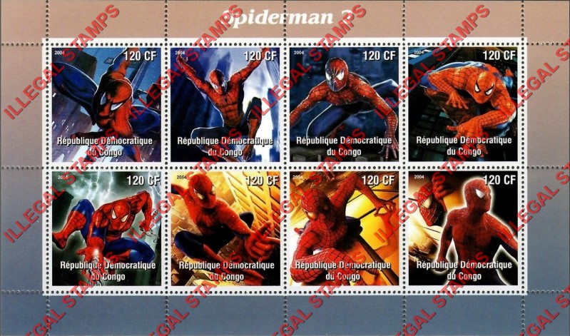 Congo Democratic Republic 2004 Spiderman 2 Illegal Stamp Souvenir Sheet of 8 Congo Democratic Republic 2004 Spiderman 2 Illegal Stamp Souvenir Sheet of 8
