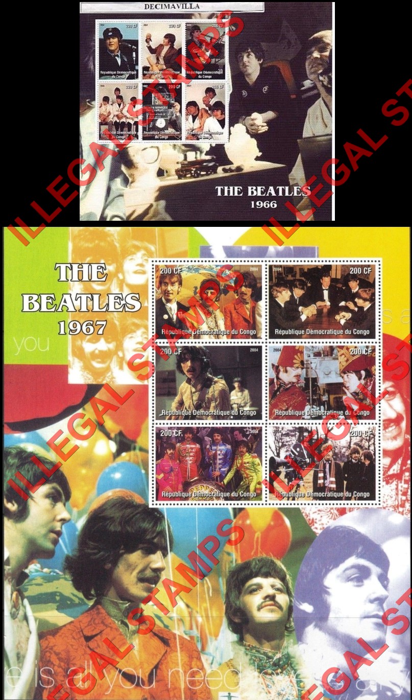 Congo Democratic Republic 2004 The Beatles Illegal Stamp Souvenir Sheets of 6 (Part 3) Congo Democratic Republic 2004 The Beatles Illegal Stamp Souvenir Sheets of 6 (Part 3)