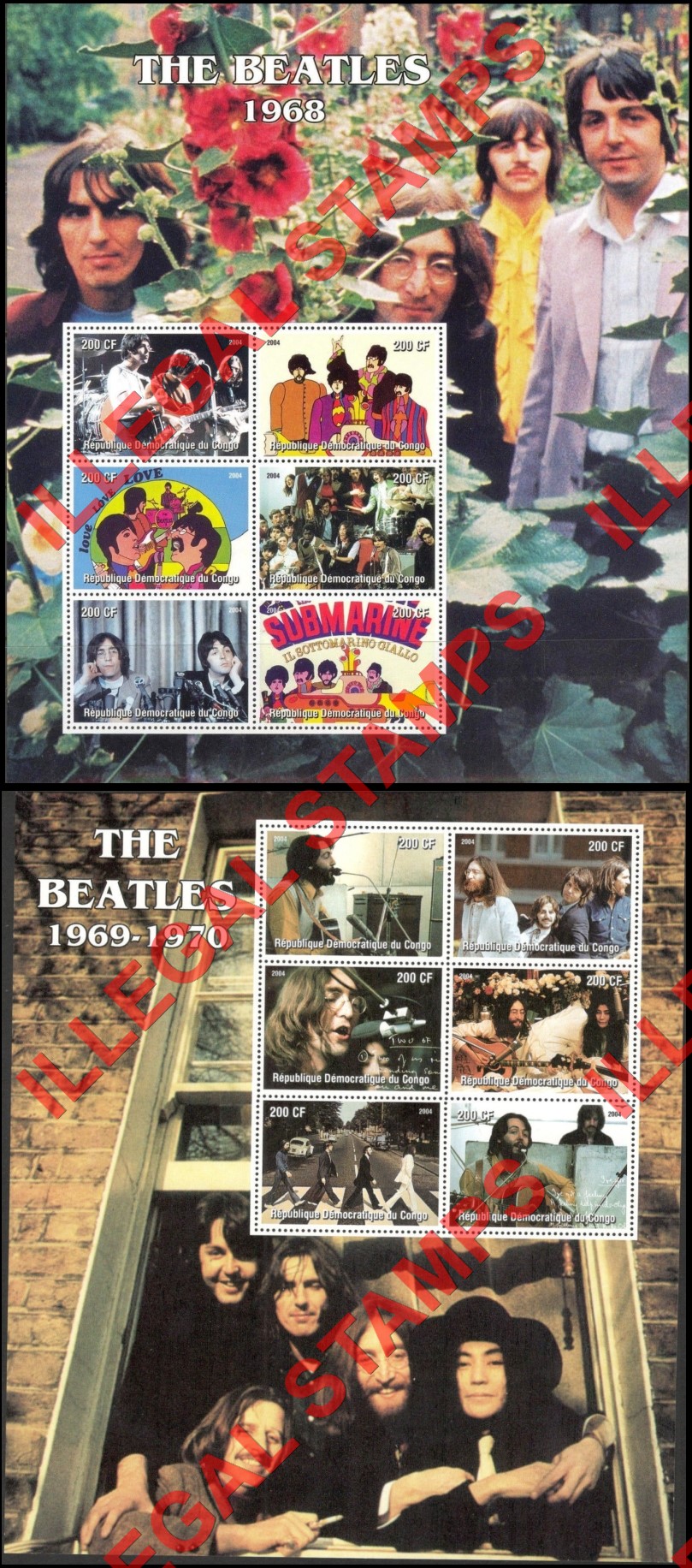 Congo Democratic Republic 2004 The Beatles Illegal Stamp Souvenir Sheets of 6 (Part 4) Congo Democratic Republic 2004 The Beatles Illegal Stamp Souvenir Sheets of 6 (Part 4)