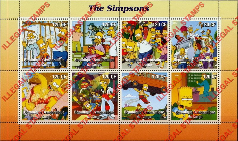 Congo Democratic Republic 2004 The Simpsons Illegal Stamp Souvenir Sheet of 8 Congo Democratic Republic 2004 The Simpsons Illegal Stamp Souvenir Sheet of 8