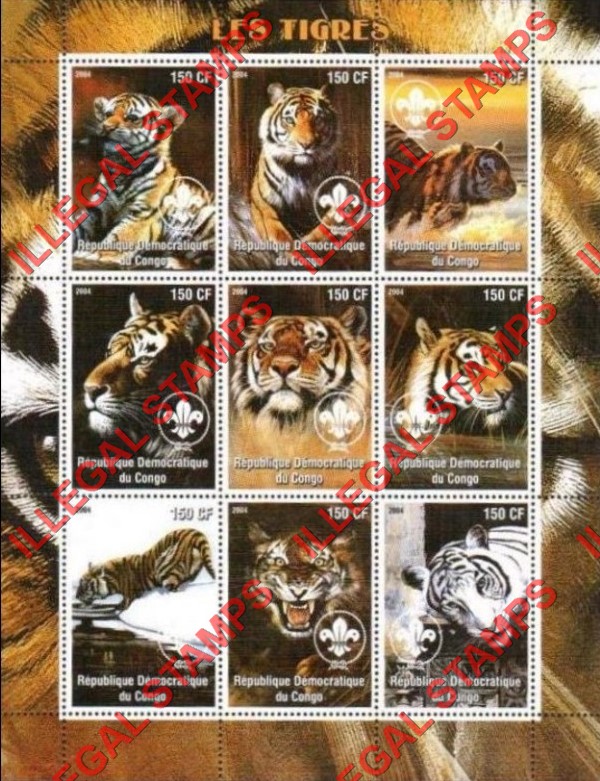 Congo Democratic Republic 2004 Tigers Illegal Stamp Sheet of 9 Congo Democratic Republic 2004 Tigers Illegal Stamp Sheet of 9