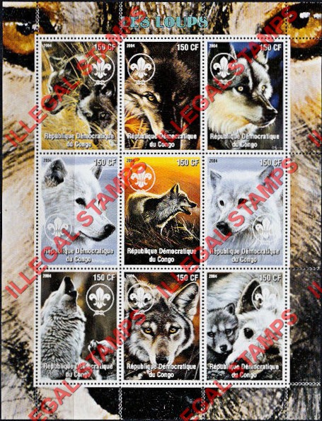 Congo Democratic Republic 2004 Wolves Illegal Stamp Sheet of 9 Congo Democratic Republic 2004 Wolves Illegal Stamp Sheet of 9