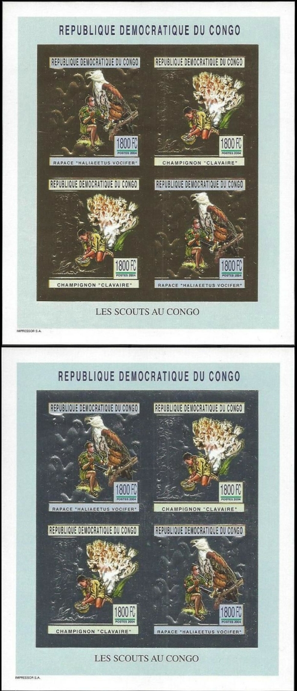 Congo Democratic Republic 2004 Impressor produced Scouts Eagles and Mushrooms Gold and Silver Foil Souvenir Sheets of 4 Congo Democratic Republic 2004 Impressor produced Scouts Eagles and Mushrooms Gold and Silver Foil Souvenir Sheets of 4