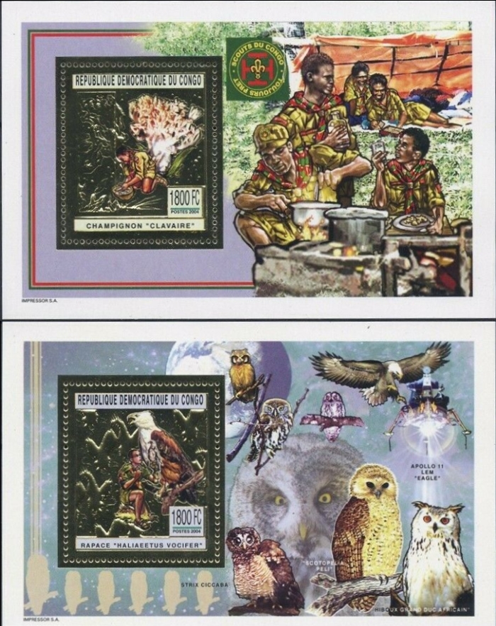 Congo Democratic Republic 2004 Impressor produced Scouts Eagles Owls and Mushrooms Gold Foil Souvenir Sheets of 1 Congo Democratic Republic 2004 Impressor produced Scouts Eagles Owls and Mushrooms Gold Foil Souvenir Sheets of 1
