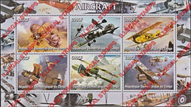 Congo Democratic Republic 2005 Aircraft Illegal Stamp Souvenir Sheet of 6 Congo Democratic Republic 2005 Aircraft Illegal Stamp Souvenir Sheet of 6