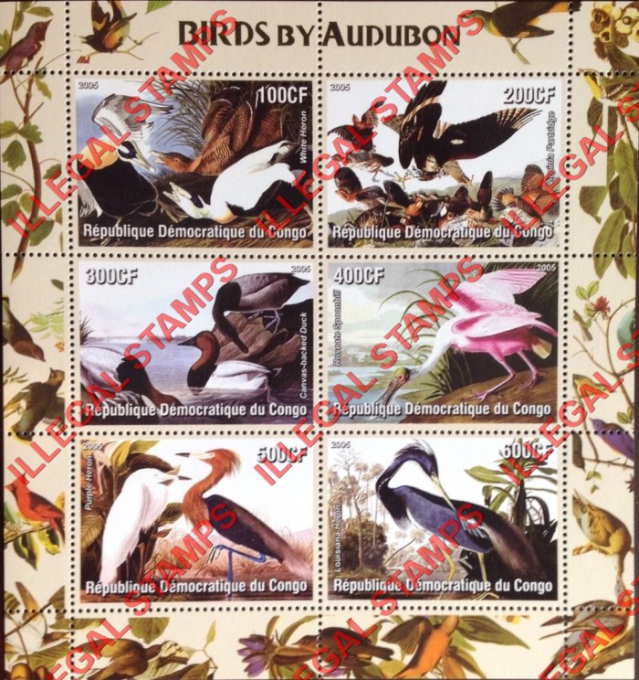 Congo Democratic Republic 2005 Birds by John James Audubon Illegal Stamp Souvenir Sheet of 6 Congo Democratic Republic 2005 Birds by John James Audubon Illegal Stamp Souvenir Sheet of 6