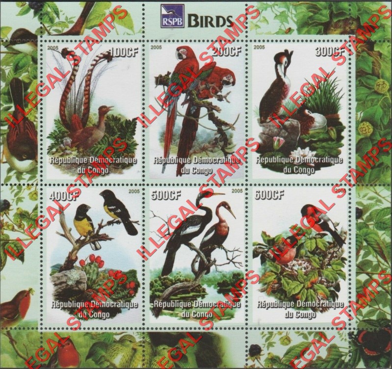 Congo Democratic Republic 2005 Birds RSPB (The Royal Society for the Protection of Birds) Illegal Stamp Souvenir Sheet of 6 Congo Democratic Republic 2005 Birds RSPB (The Royal Society for the Protection of Birds) Illegal Stamp Souvenir Sheet of 6