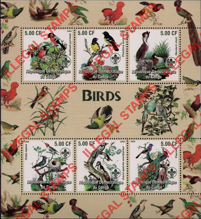 Congo Democratic Republic 2005 Birds Illegal Stamp Souvenir Sheet of 6 Congo Democratic Republic 2005 Birds Illegal Stamp Souvenir Sheet of 6