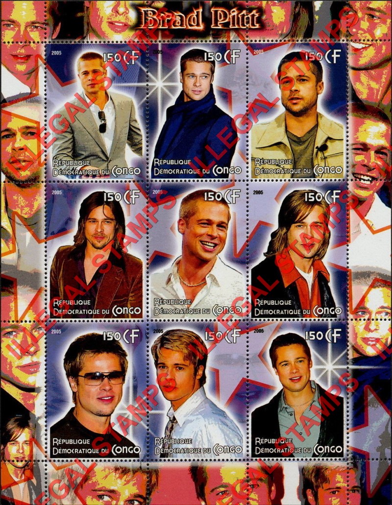 Congo Democratic Republic 2005 Brad Pitt Illegal Stamp Sheet of 9 Congo Democratic Republic 2005 Brad Pitt Illegal Stamp Sheet of 9