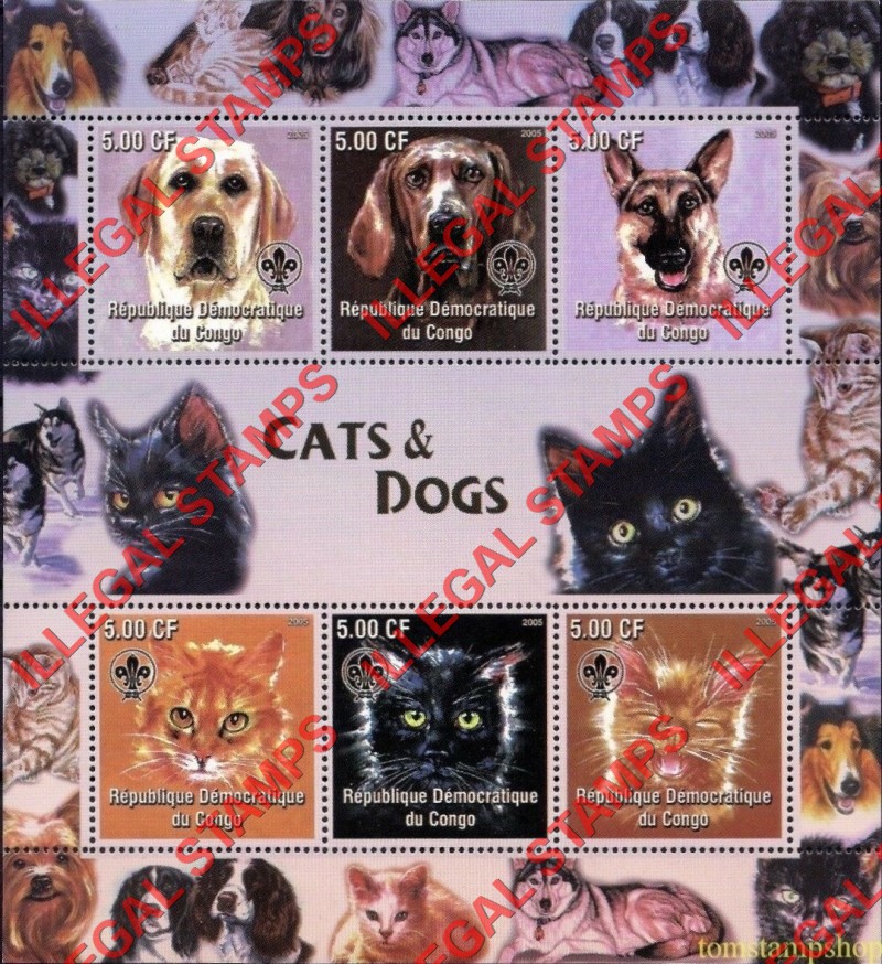 Congo Democratic Republic 2005 Cats and Dogs Illegal Stamp Souvenir Sheet of 6 Congo Democratic Republic 2005 Cats and Dogs Illegal Stamp Souvenir Sheet of 6