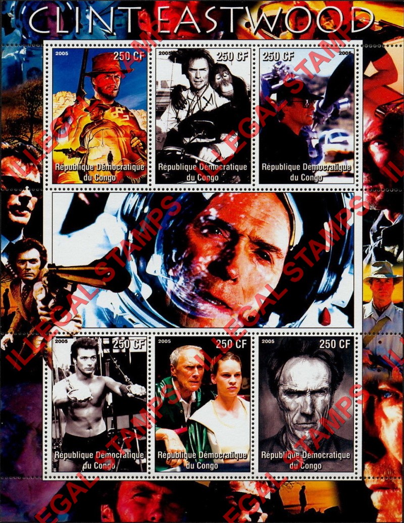 Congo Democratic Republic 2005 Clint Eastwood Illegal Stamp Souvenir Sheet of 6 Congo Democratic Republic 2005 Clint Eastwood Illegal Stamp Souvenir Sheet of 6