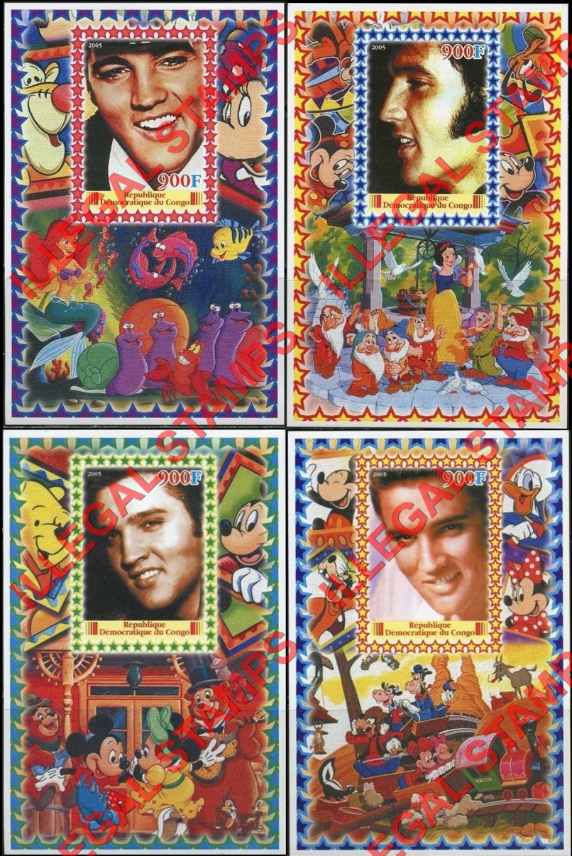Congo Democratic Republic 2005 Disney Elvis Presley Illegal Stamp Souvenir Sheets of 1 Congo Democratic Republic 2005 Disney Elvis Presley Illegal Stamp Souvenir Sheets of 1