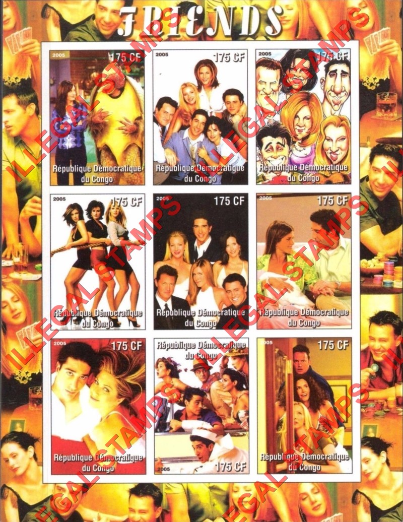 Congo Democratic Republic 2005 Friends TV Show Illegal Stamp Sheet of 9 Congo Democratic Republic 2005 Friends TV Show Illegal Stamp Sheet of 9