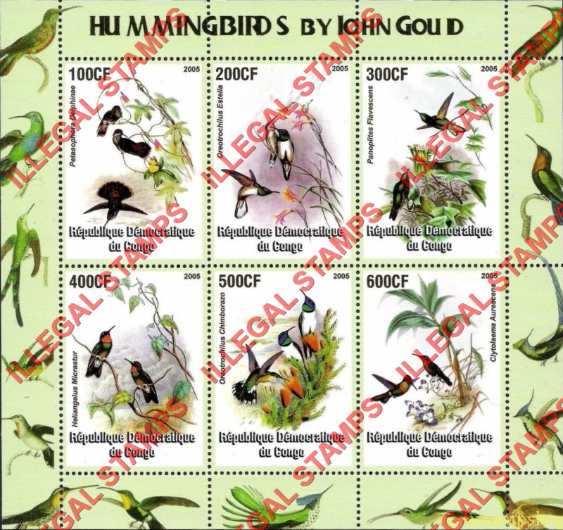 Congo Democratic Republic 2005 Hummingbirds by John Gould Illegal Stamp Souvenir Sheet of 6 Congo Democratic Republic 2005 Hummingbirds by John Gould Illegal Stamp Souvenir Sheet of 6