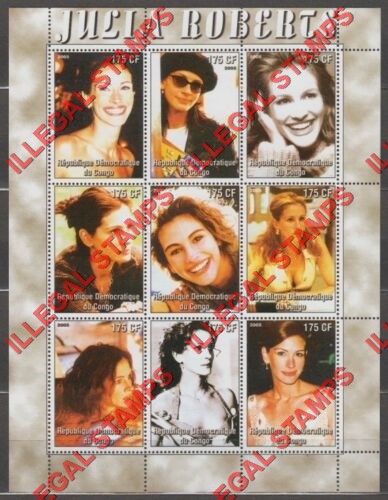 Congo Democratic Republic 2005 Julia Roberts Illegal Stamp Sheet of 9 Congo Democratic Republic 2005 Julia Roberts Illegal Stamp Sheet of 9