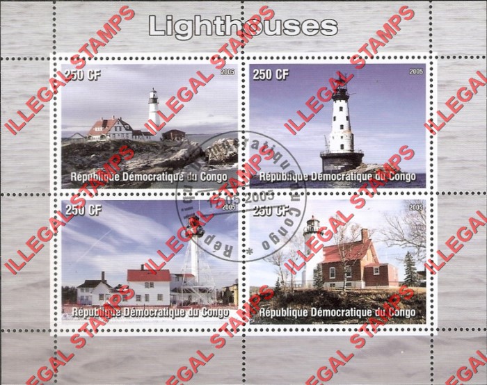 Congo Democratic Republic 2005 Lighthouses Illegal Stamp Souvenir Sheet of 4 Congo Democratic Republic 2005 Lighthouses Illegal Stamp Souvenir Sheet of 4