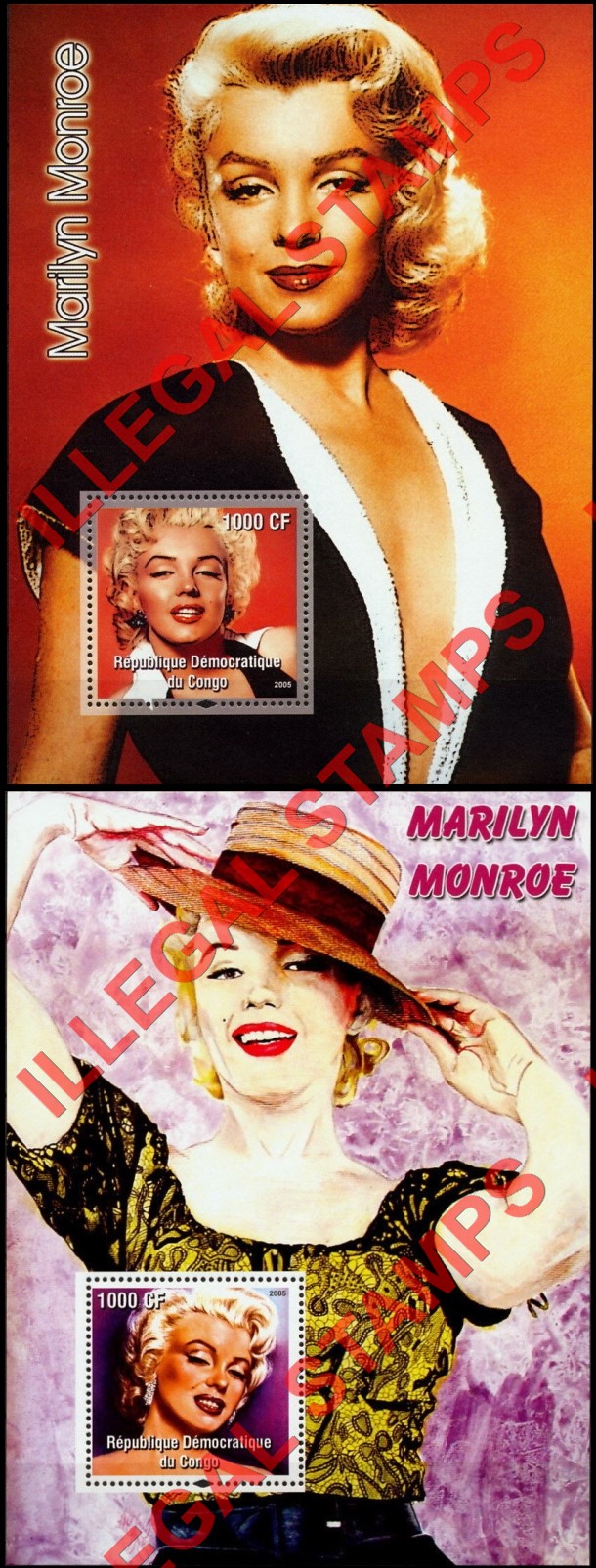 Congo Democratic Republic 2005 Marilyn Monroe Illegal Stamp Souvenir Sheets of 1 (Part 1) Congo Democratic Republic 2005 Marilyn Monroe Illegal Stamp Souvenir Sheets of 1 (Part 1)
