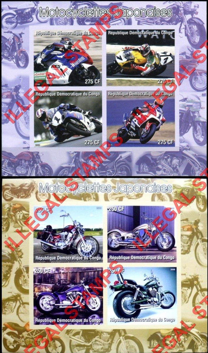 Congo Democratic Republic 2005 Japanese Motorcycles Illegal Stamp Souvenir Sheets of 4 Congo Democratic Republic 2005 Japanese Motorcycles Illegal Stamp Souvenir Sheets of 4