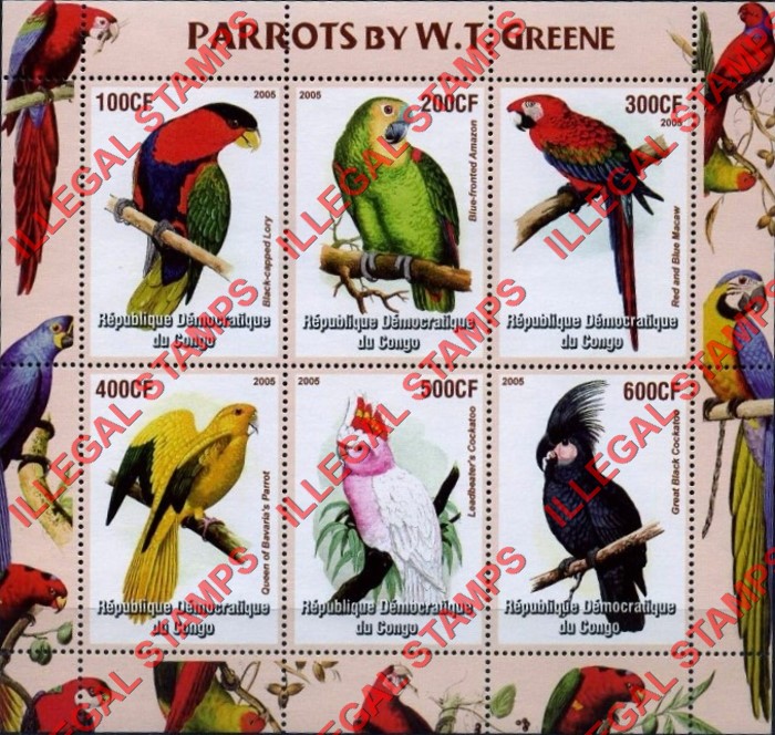 Congo Democratic Republic 2005 Parrots by W.T. Greene Illegal Stamp Souvenir Sheet of 6 Congo Democratic Republic 2005 Parrots by W.T. Greene Illegal Stamp Souvenir Sheet of 6