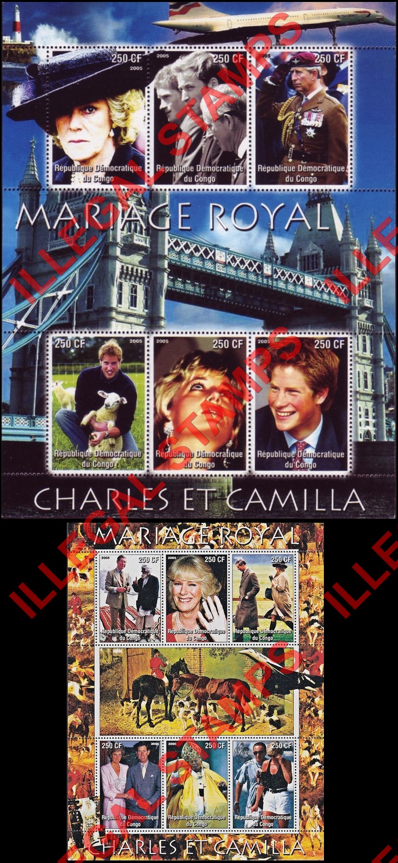 Congo Democratic Republic 2005 Royal Marriage of Charles and Camilla Illegal Stamp Souvenir Sheets of 6 Congo Democratic Republic 2005 Royal Marriage of Charles and Camilla Illegal Stamp Souvenir Sheets of 6