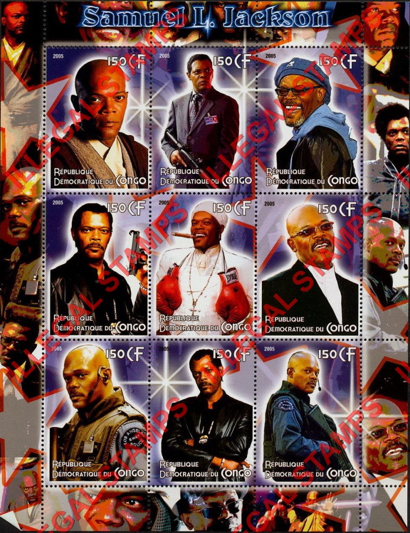 Congo Democratic Republic 2005 Samuel L. Jackson Illegal Stamp Sheet of 9 Congo Democratic Republic 2005 Samuel L. Jackson Illegal Stamp Sheet of 9