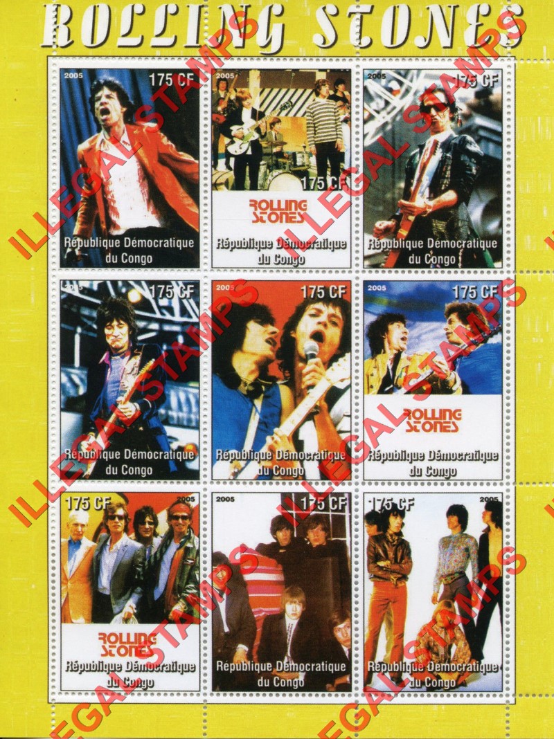 Congo Democratic Republic 2005 The Rolling Stones Illegal Stamp Sheet of 9 Congo Democratic Republic 2005 The Rolling Stones Illegal Stamp Sheet of 9