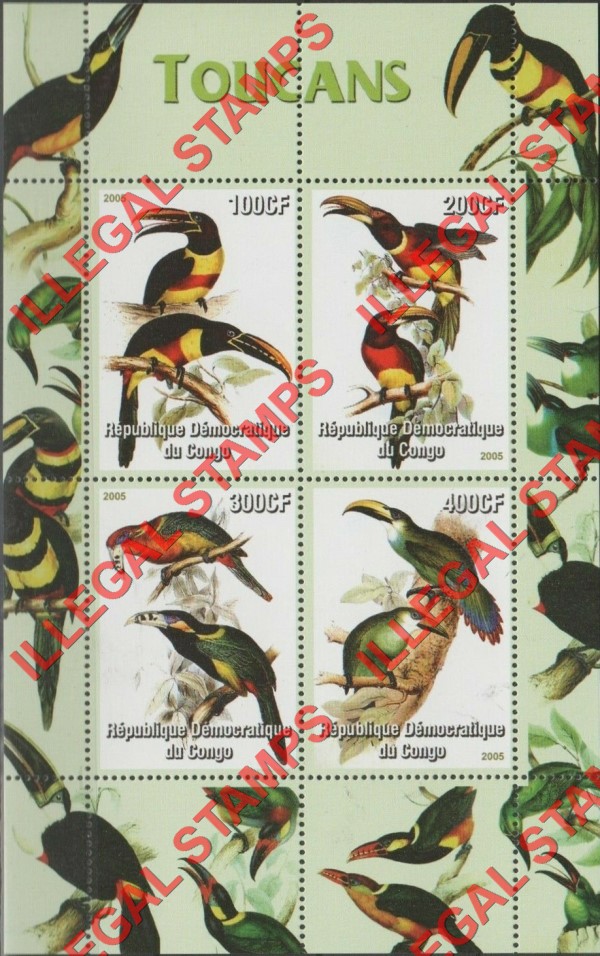 Congo Democratic Republic 2005 Toucans Illegal Stamp Souvenir Sheet of 4 Congo Democratic Republic 2005 Toucans Illegal Stamp Souvenir Sheet of 4