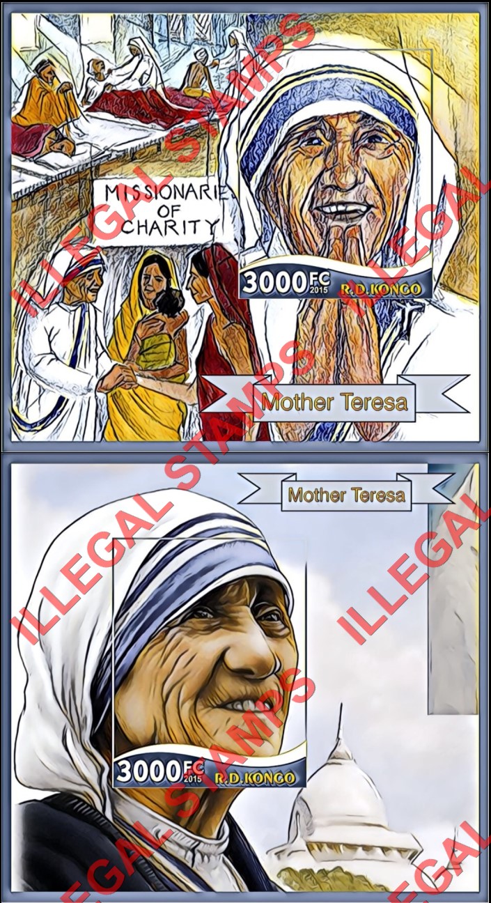 Congo Democratic Republic 2015 Mother Teresa Illegal Stamp Souvenir Sheets of 1 (Part 2) Congo Democratic Republic 2015 Mother Teresa Illegal Stamp Souvenir Sheets of 1 (Part 2)