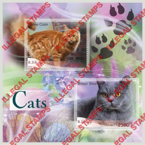 Congo Democratic Republic 2017 Cats Illegal Stamp Souvenir Sheet of 2 Congo Democratic Republic 2017 Cats Illegal Stamp Souvenir Sheet of 2