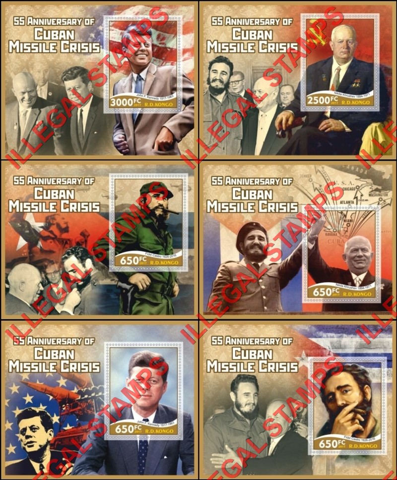 Congo Democratic Republic 2017 Cuban Missile Crisis Illegal Stamp Souvenir Sheets of 1 Congo Democratic Republic 2017 Cuban Missile Crisis Illegal Stamp Souvenir Sheets of 1